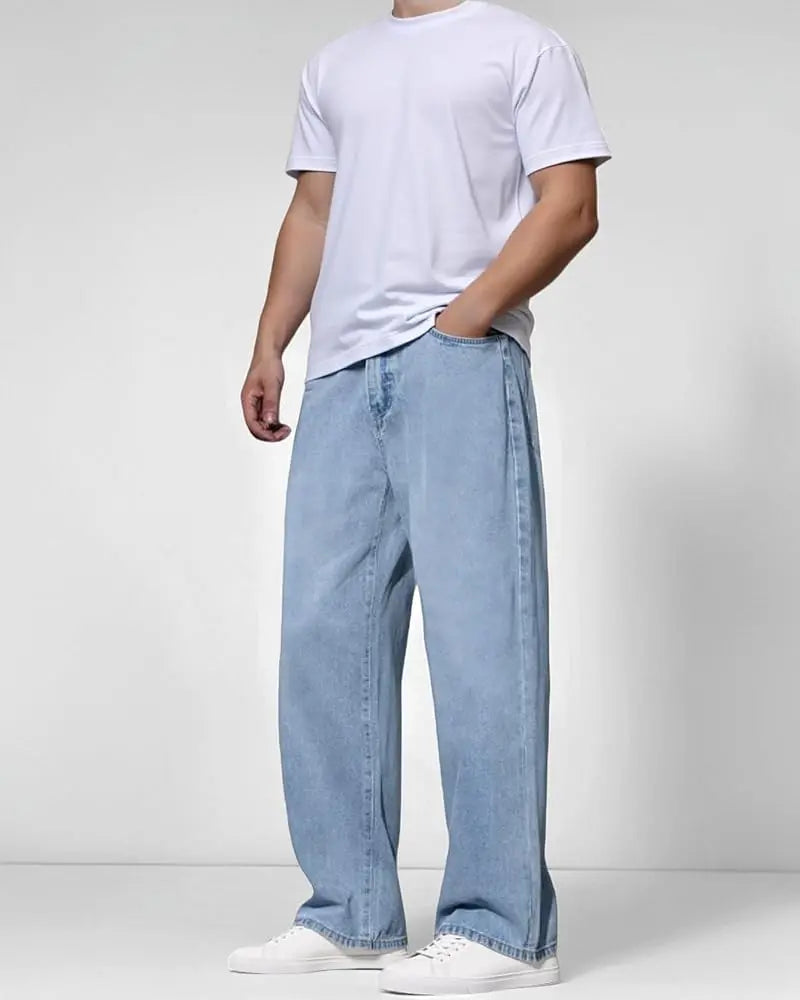 Loose Fit Baggy Jeans for Boys & Men Sky Blue Wide-Leg Denim Pants Trendy Casual Wear pehnawa