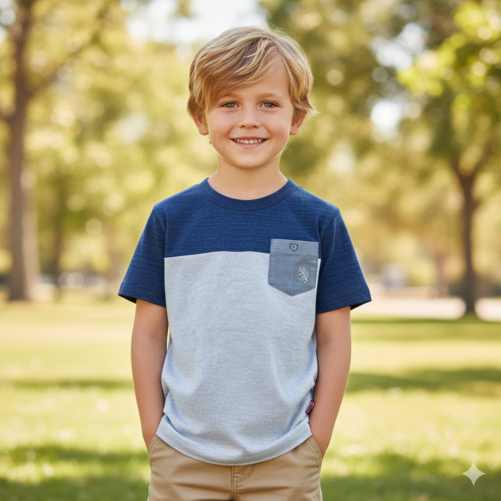 Original Branded Kids Cotton T-Shirt with Pocket Panel Blue Gray pehnawa