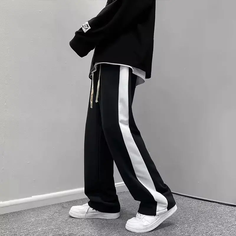 Men's Black Wide Leg Trouser with White Side Stripe pehnawa