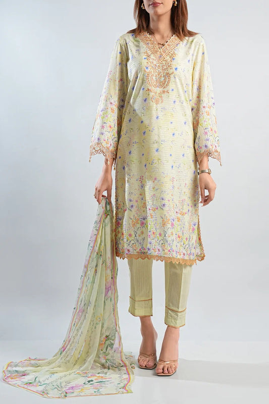 Embroidered Cotton Jacquard Stitched 3 Piece (Chiffon Dupatta) pehnawa