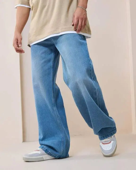 Loose Fit Baggy Jeans for Boys & Men Sky Blue Wide-Leg Denim Pants Trendy Casual Wear pehnawa